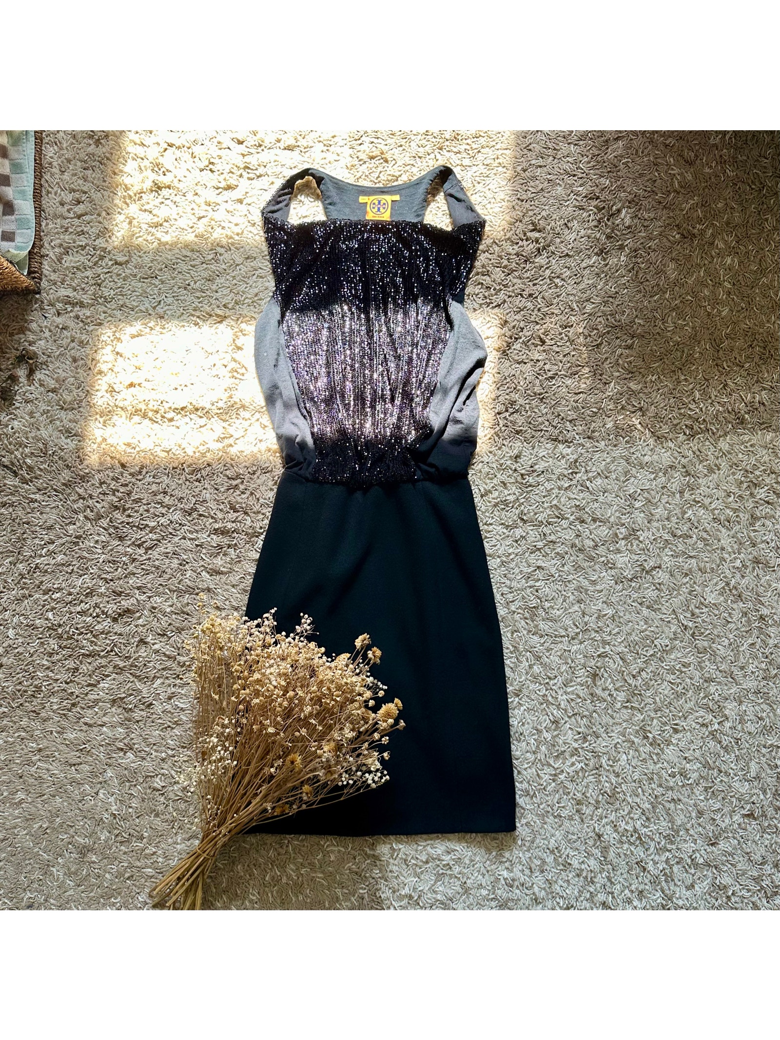 Black Tory Burch Sequin Sleeveless Pencil Dress Wool Nylon Women’s Size S